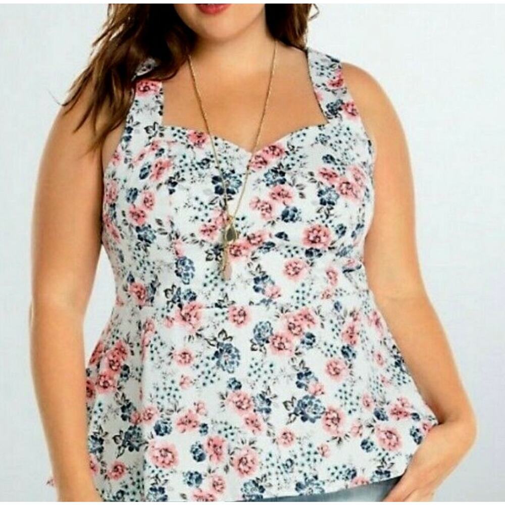 Torrid Peplum Top White Pink Floral Sleeveless Sweetheart Cotton Blend Sz 1 / XL